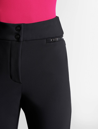 High waistband, zippered hip pockets, center front fly with snaps